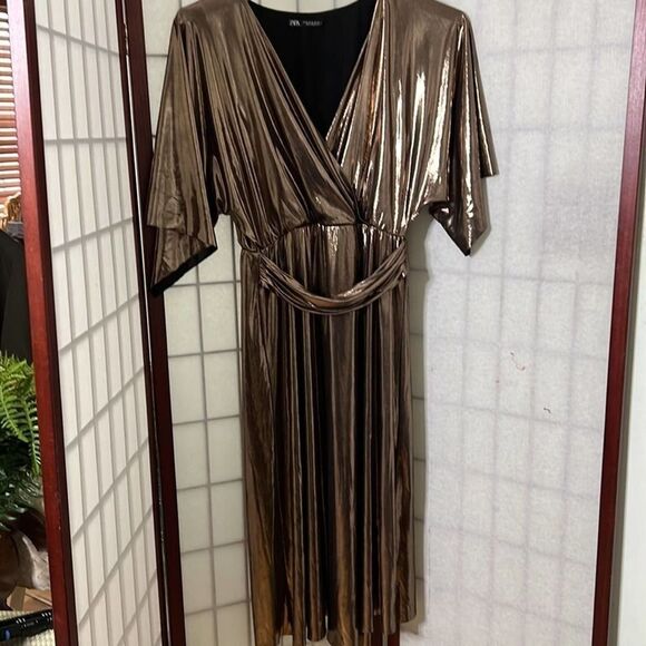 Zara Metallic Bronze Wrap Dress - Picture 2 of 9